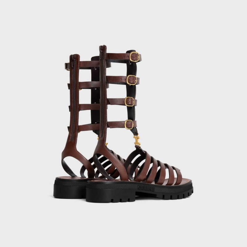 Celine Clea Triomphe Gladiator Mid In Calfskin & Vegetal Tanning Sandalen Dunkelbraun | CL-592576