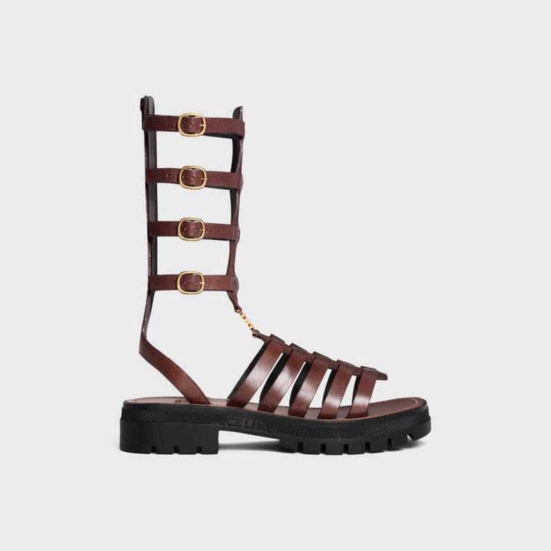 Celine Clea Triomphe Gladiator Mid In Calfskin & Vegetal Tanning Sandalen Dunkelbraun | CL-592576