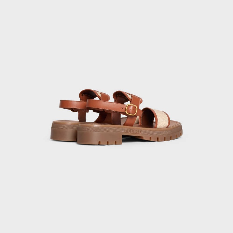 Celine Clea Triomphe In Calfskin - Vegetal Tanning & Canvas Sandalen Braun Dunkelbeige | CL-592571