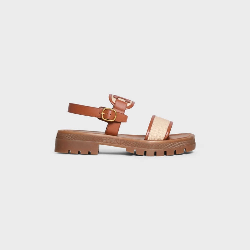 Celine Clea Triomphe In Calfskin - Vegetal Tanning & Canvas Sandalen Braun Dunkelbeige | CL-592571