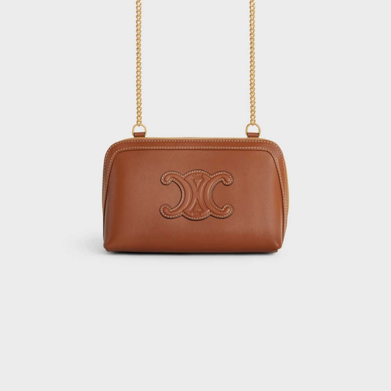 Celine Clutch On Chain Cuir Triomphe In Smooth Calfskin Mini Taschen Braun | CL-593033