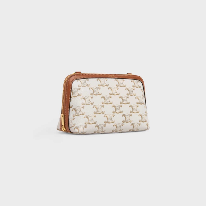 Celine Clutch With Chain In Triomphe Canvas And Lambskin Mini Taschen Weiß Braun | CL-593032