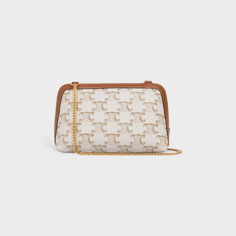 Celine Clutch With Chain In Triomphe Canvas And Lambskin Mini Taschen Weiß Braun | CL-593032