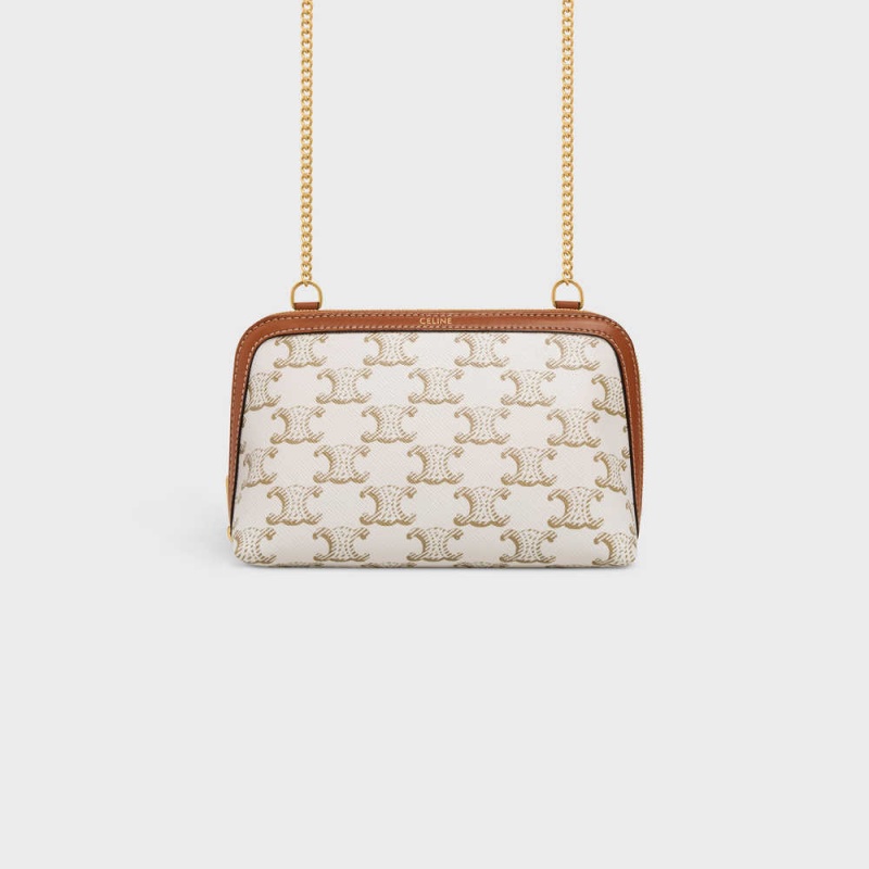 Celine Clutch With Chain In Triomphe Canvas And Lambskin Mini Taschen Weiß Braun | CL-593032