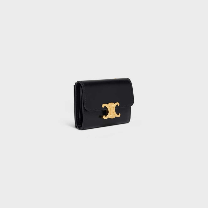 Celine Compact With Coin Triomphe In Shiny Calfskin Geldbörse Schwarz | CL-592979