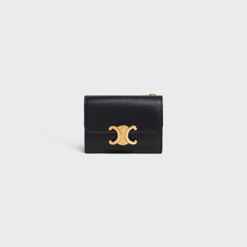 Celine Compact With Coin Triomphe In Shiny Calfskin Geldbörse Schwarz | CL-592979