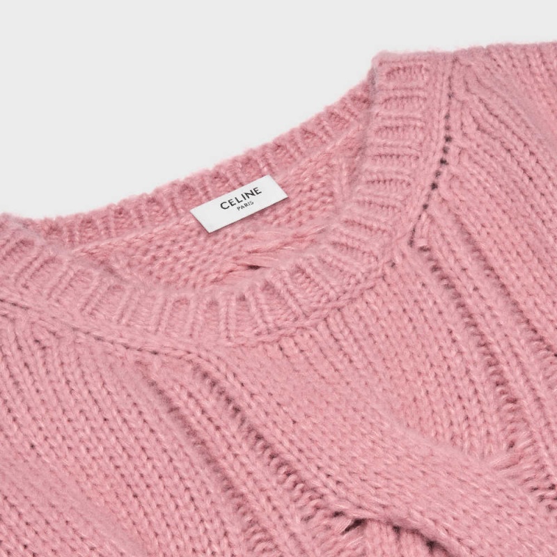 Celine Crew Neck In Cable-knit Cashmere And Silk Strickwaren Rosa | CL-592707