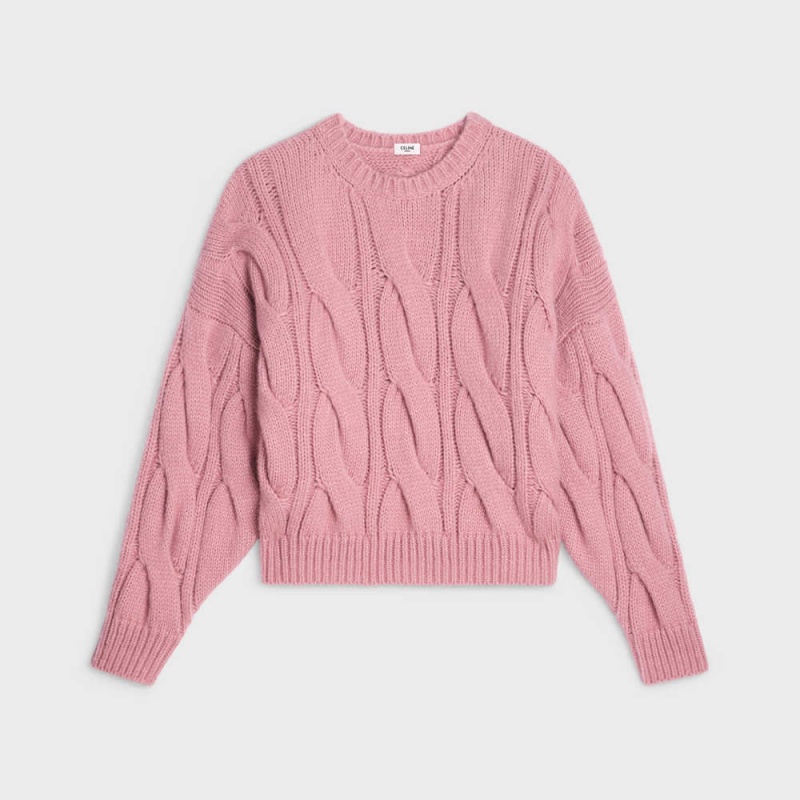 Celine Crew Neck In Cable-knit Cashmere And Silk Strickwaren Rosa | CL-592707