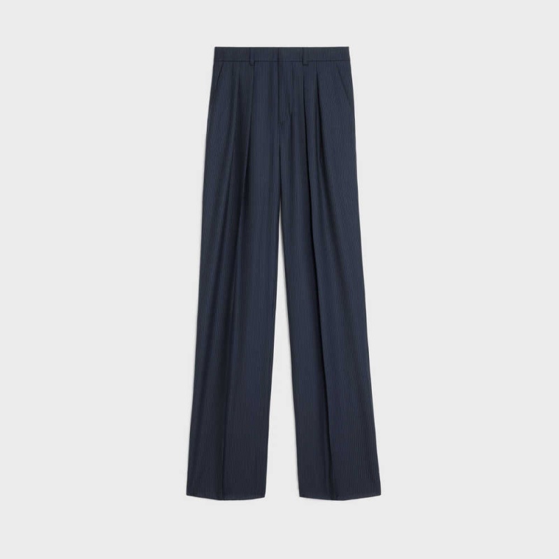 Celine Double-pleated Tixie In Gestreift Wolle Hose Navy | CL-592735