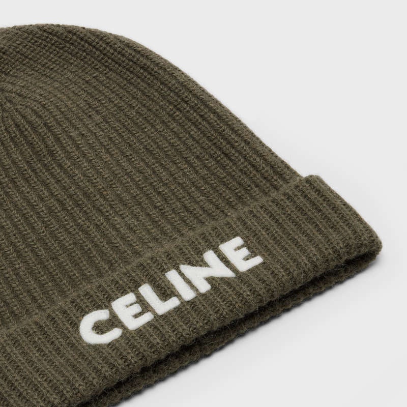 Celine Embroidered Beanie In Gerippt Felted Wolle Hut Khaki | CL-591716