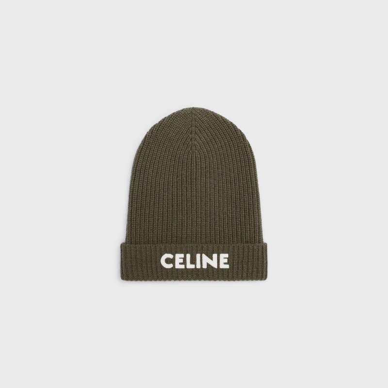 Celine Embroidered Beanie In Gerippt Felted Wolle Hut Khaki | CL-591716