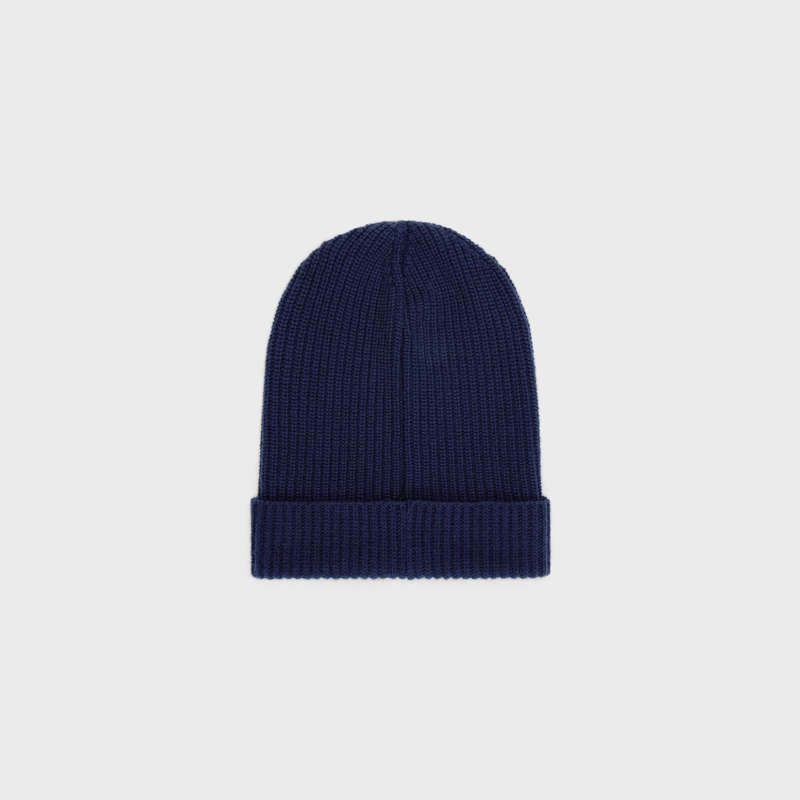 Celine Embroidered Beanie In Gerippt Felted Wolle Hut Navy | CL-591715