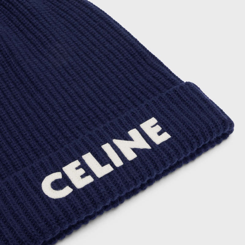 Celine Embroidered Beanie In Gerippt Felted Wolle Hut Navy | CL-591715