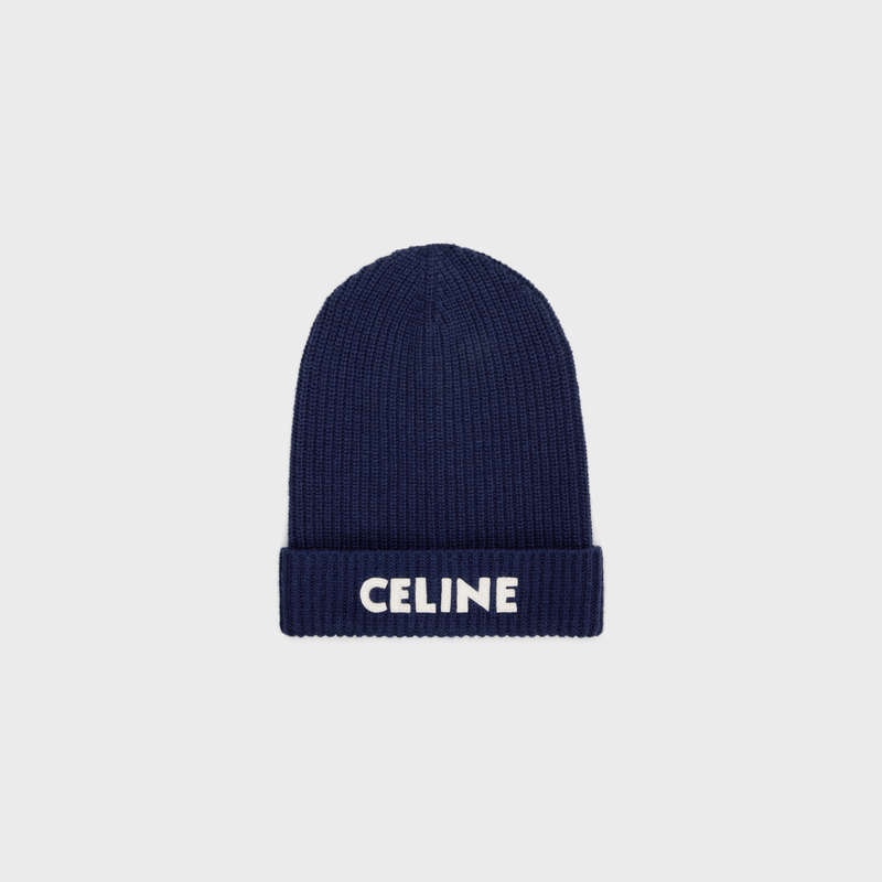 Celine Embroidered Beanie In Gerippt Felted Wolle Hut Navy | CL-591715