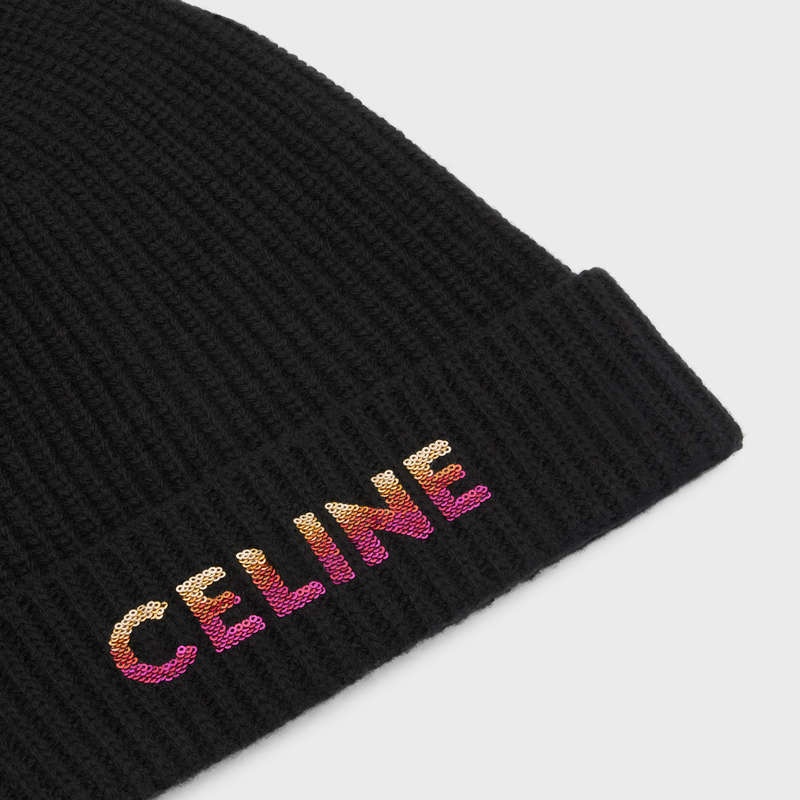 Celine Embroidered Beanie In Gerippt Wolle Hut Schwarz | CL-591718