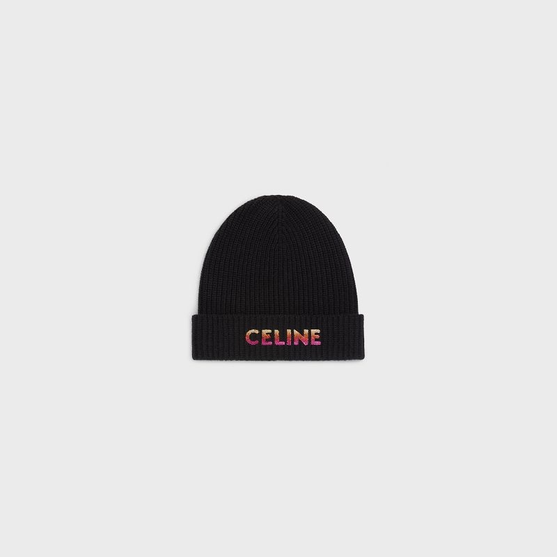 Celine Embroidered Beanie In Gerippt Wolle Hut Schwarz | CL-591718