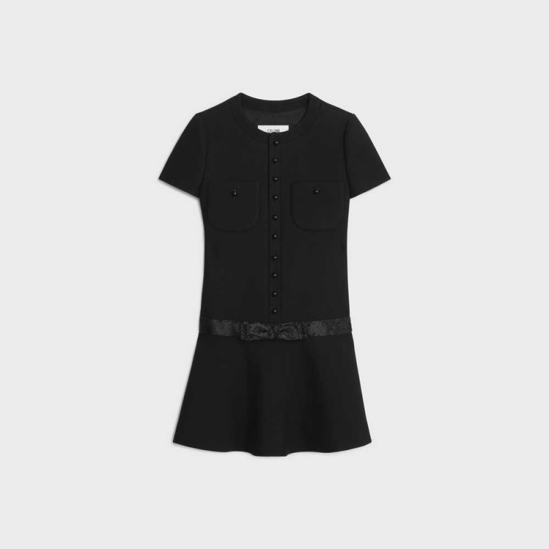 Celine Embroidered Chelsea Mini In Diagonal Wolle Kleid Schwarz | CL-592847