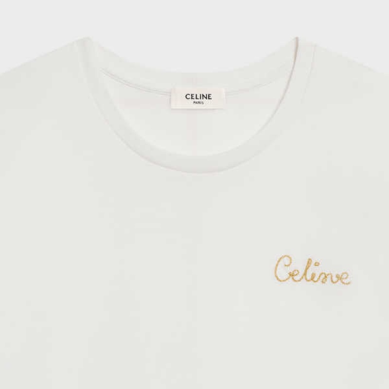 Celine Embroidered In Baumwoll T-shirt Weiß | CL-592788