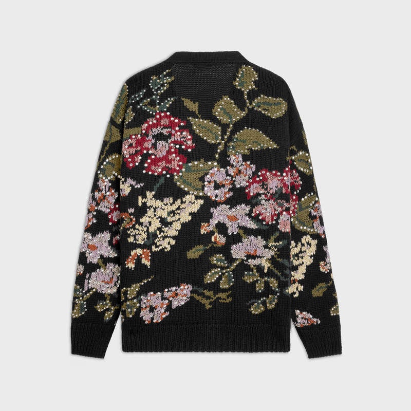 Celine Floral Embroidered Cardigan In Wolle Strickwaren Schwarz | CL-592088