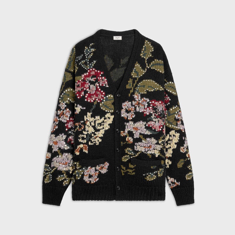 Celine Floral Embroidered Cardigan In Wolle Strickwaren Schwarz | CL-592088