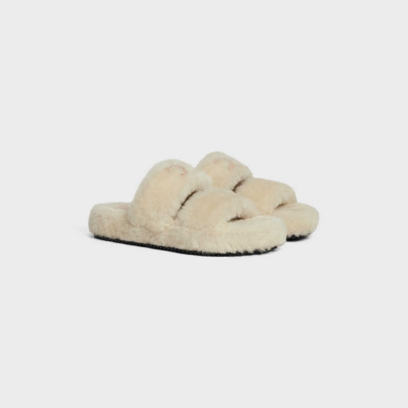 Celine Fur Slides Triomphe Open Slides In Shearling Halbschuhe Beige Beige | CL-592538