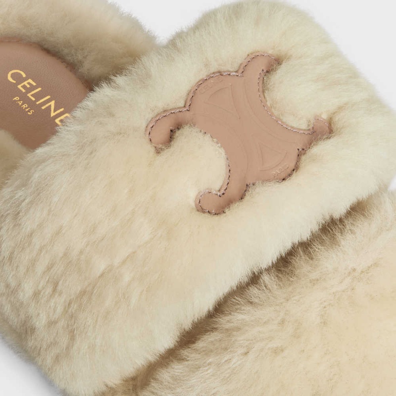 Celine Fur Slides Triomphe Open Slides In Shearling Halbschuhe Beige Beige | CL-592538