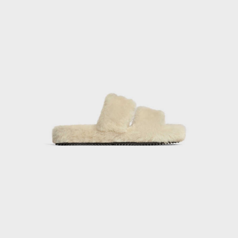 Celine Fur Slides Triomphe Open Slides In Shearling Halbschuhe Beige Beige | CL-592538