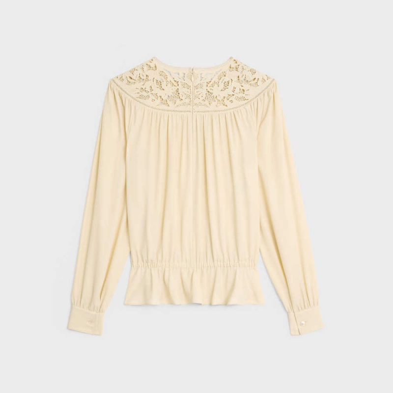 Celine Guipure Blouse In Silk Crepe And Acetate Hemd Hellgelb | CL-592830