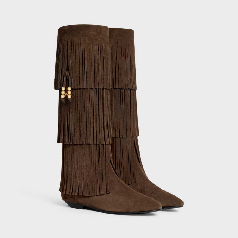 Celine Irina High With Fringes & Embellished Tassels In Wildleder Calfskin Stiefel Dunkelbraun | CL-592519