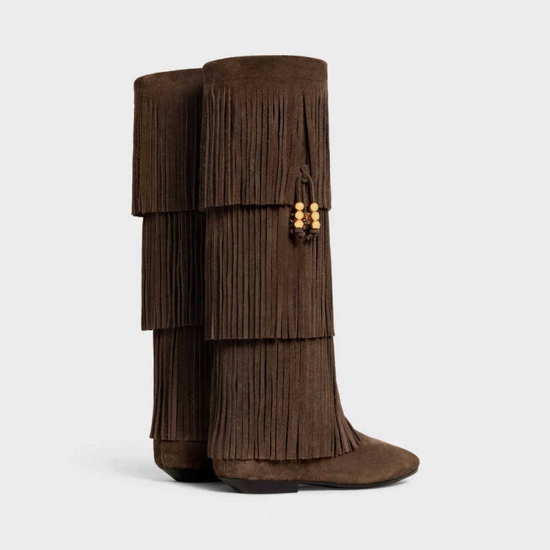 Celine Irina High With Fringes & Embellished Tassels In Wildleder Calfskin Stiefel Dunkelbraun | CL-592519