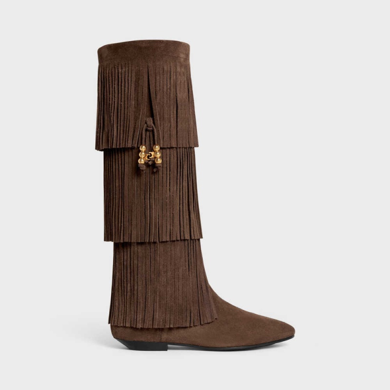 Celine Irina High With Fringes & Embellished Tassels In Wildleder Calfskin Stiefel Dunkelbraun | CL-592519