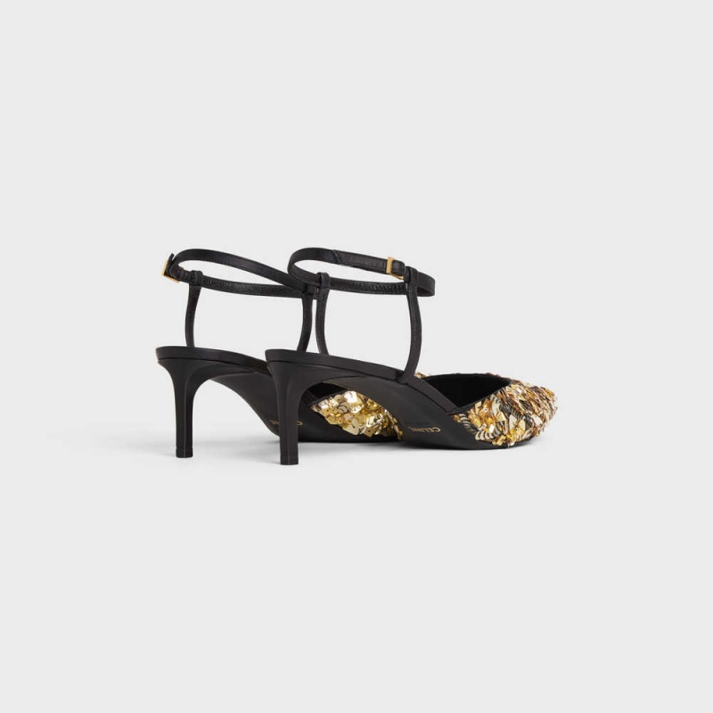 Celine Kitten In Embroidered Calfskin & Calfskin Pumps Gold Schwarz | CL-592562