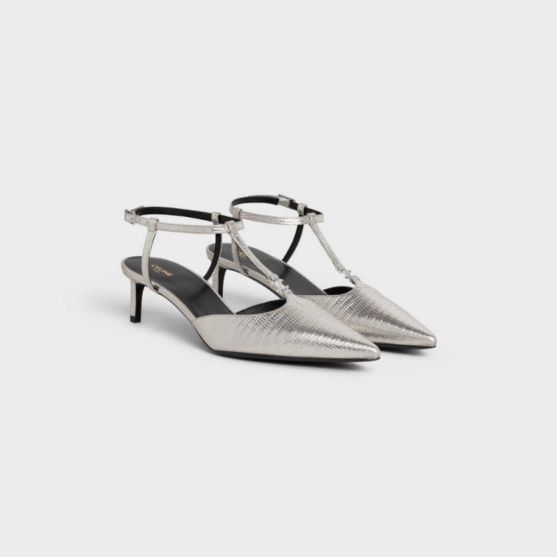 Celine Kitten Triomphe Bar Riemen In Lizard Stamped Metalized Calfskin Pumps Silber | CL-592557