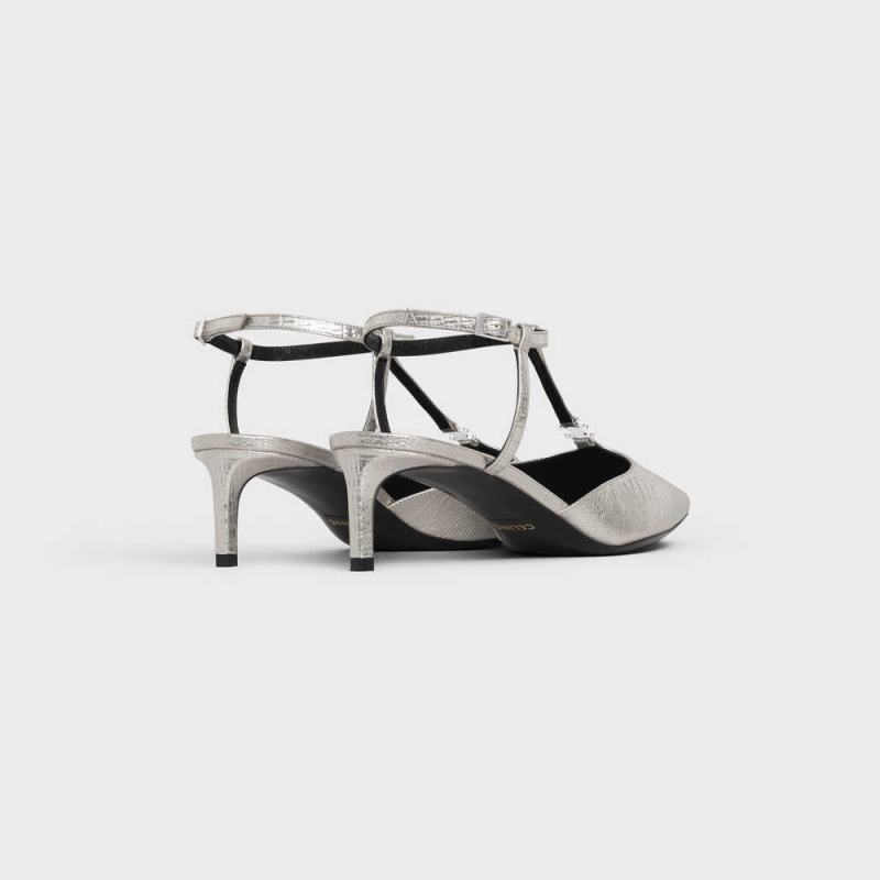 Celine Kitten Triomphe Bar Riemen In Lizard Stamped Metalized Calfskin Pumps Silber | CL-592557