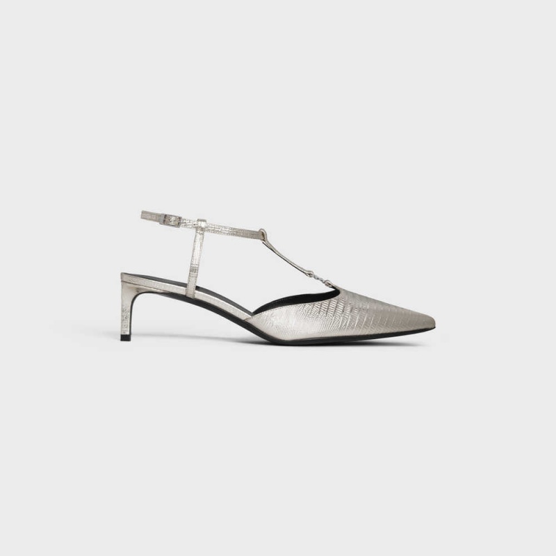 Celine Kitten Triomphe Bar Riemen In Lizard Stamped Metalized Calfskin Pumps Silber | CL-592557