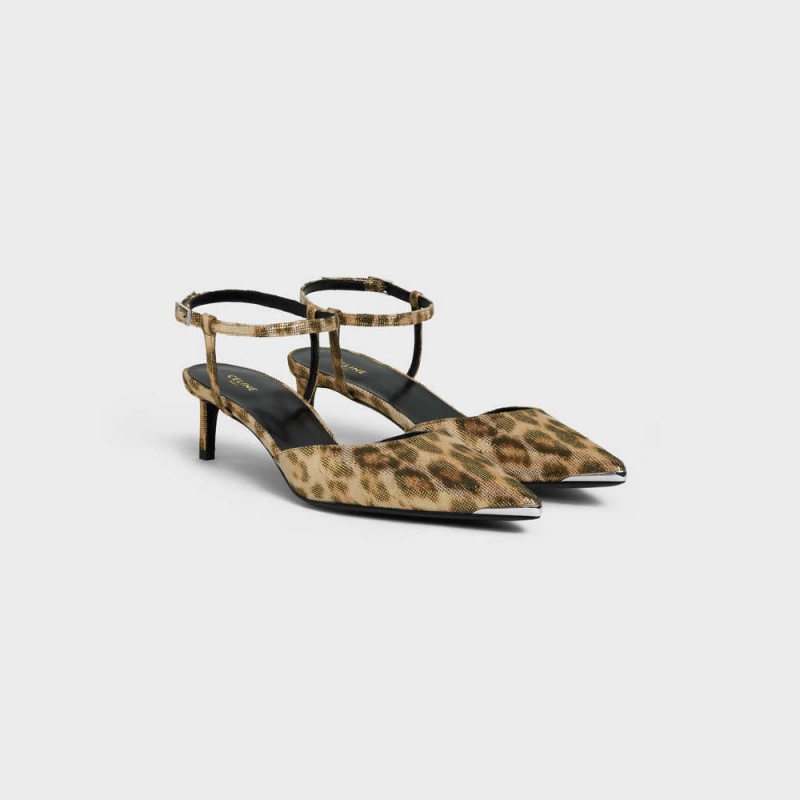 Celine Kitten With Metal Kappe In Leopard Printed Laminated Fabric Pumps Braun Gold | CL-592563