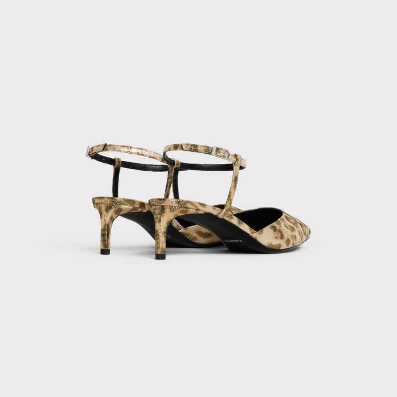 Celine Kitten With Metal Kappe In Leopard Printed Laminated Fabric Pumps Braun Gold | CL-592563