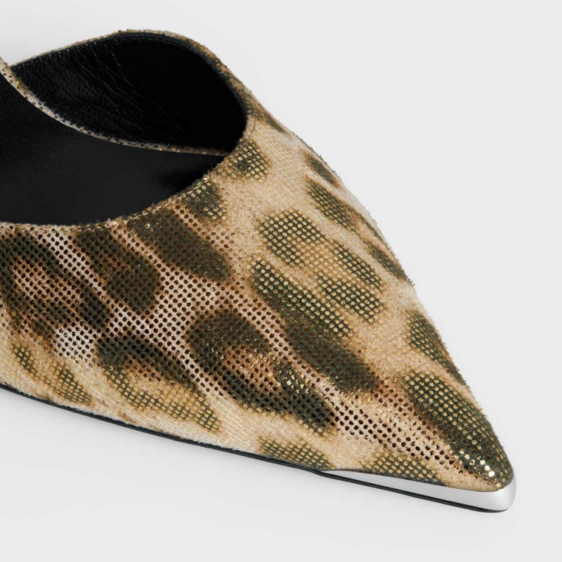 Celine Kitten With Metal Kappe In Leopard Printed Laminated Fabric Pumps Braun Gold | CL-592563