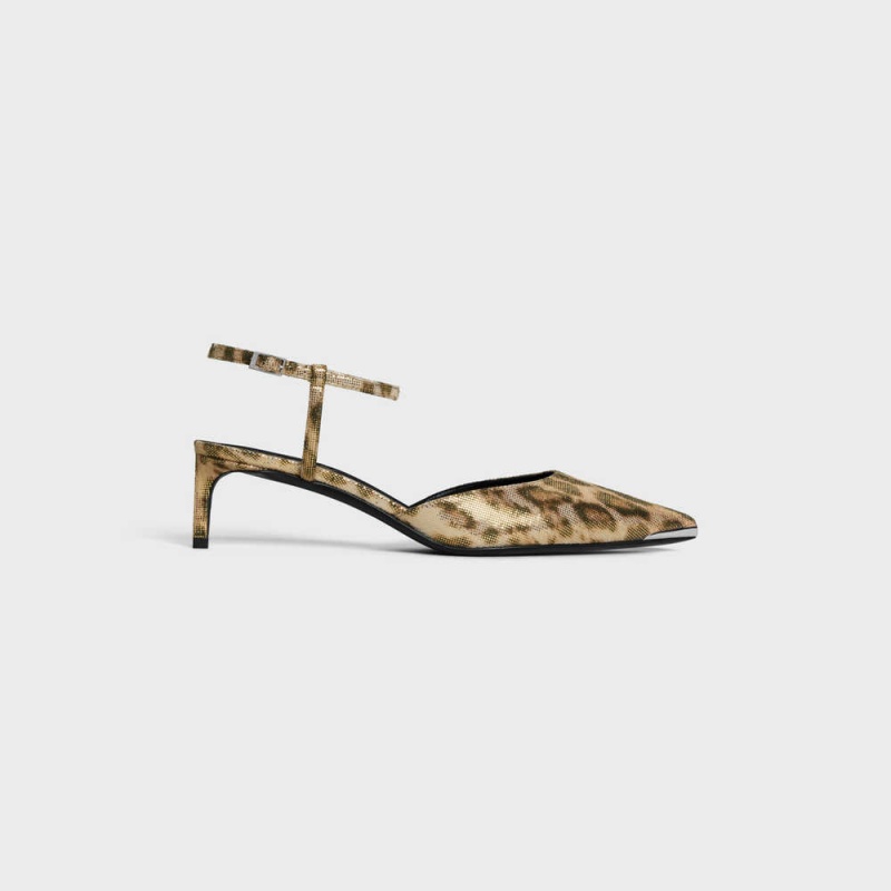 Celine Kitten With Metal Kappe In Leopard Printed Laminated Fabric Pumps Braun Gold | CL-592563