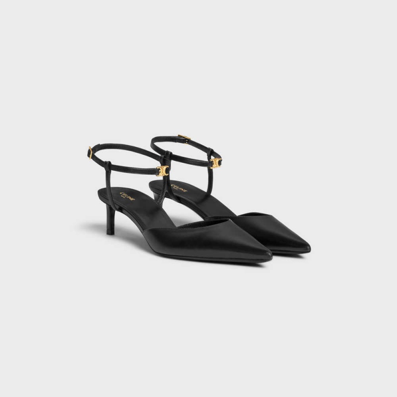 Celine Kitten With Riemen Triomphe In Calfskin Gold Finishing Pumps Schwarz | CL-592559