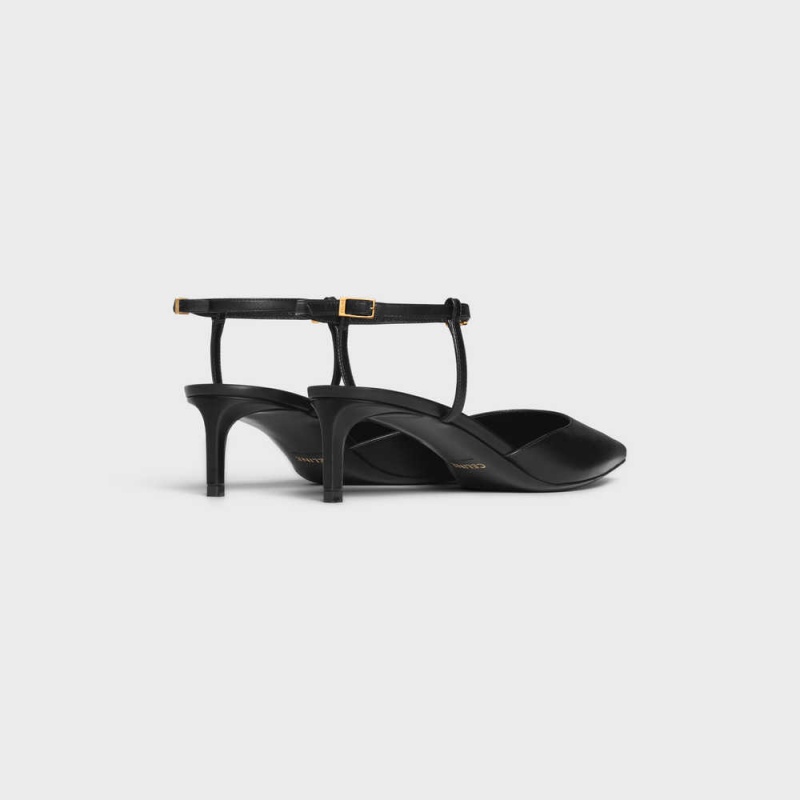 Celine Kitten With Riemen Triomphe In Calfskin Gold Finishing Pumps Schwarz | CL-592559