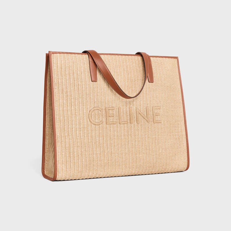 Celine Large In Raffia Effect Textil With Celine Embroidery Cabas Beige Braun | CL-591831