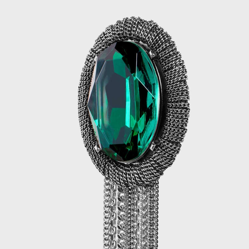 Celine Les Pierres Oval Brooch In Brass With Rhodium Finish And Green Strass Ohrringe Silber Grün | CL-591676