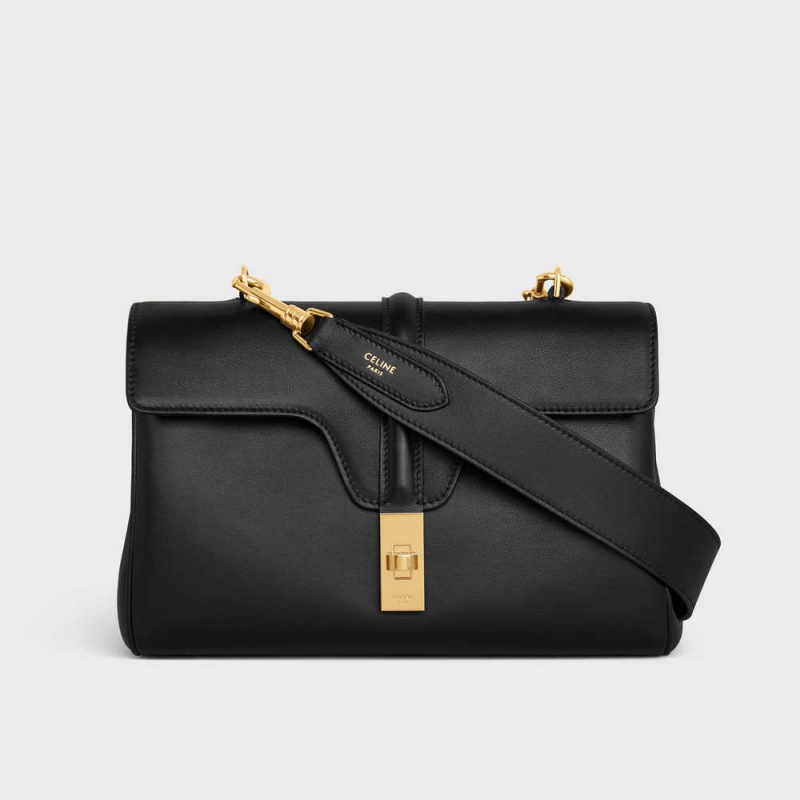 Celine Long Riemen In Smooth Calfskin With Gold Finishing Kleine Lederwaren Schwarz | CL-592901