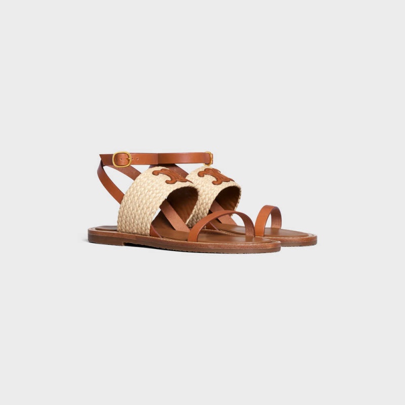 Celine Lympia Flache Riemen In Raffia & Calfskin - Vegetal Tanning Sandalen Beige Braun | CL-592577