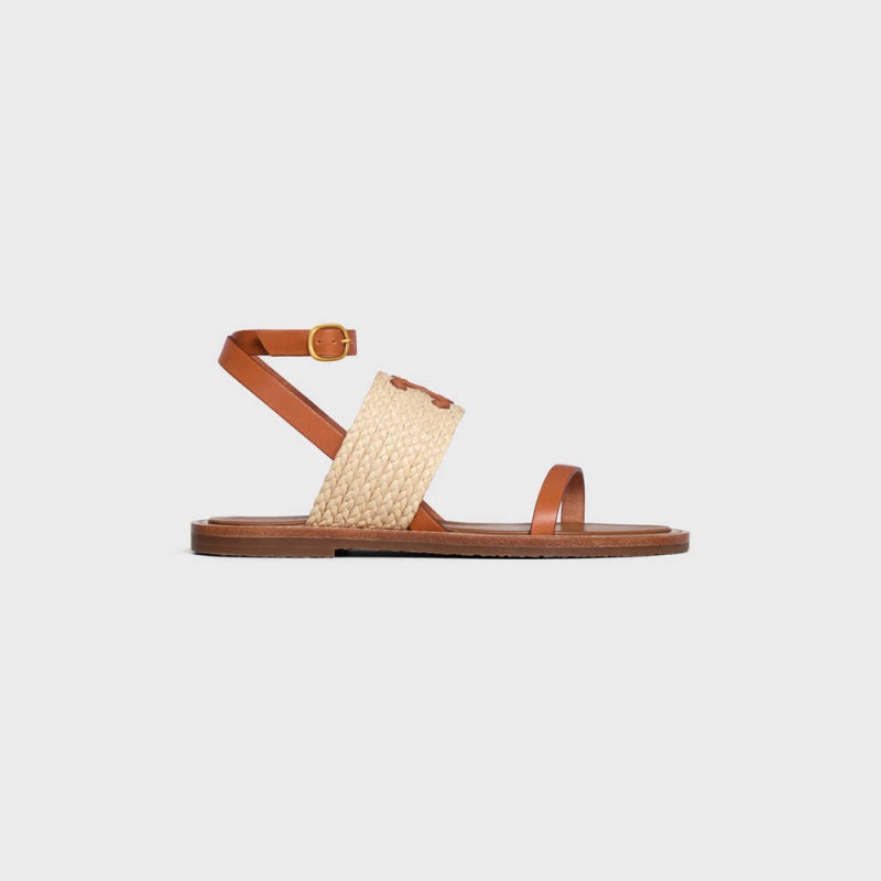 Celine Lympia Flache Riemen In Raffia & Calfskin - Vegetal Tanning Sandalen Beige Braun | CL-592577