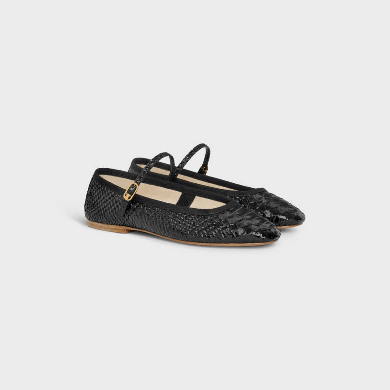 Celine Mary Jane Ballerina Les Ballerines In Python Stamped Calfskin Halbschuhe Schwarz | CL-592535