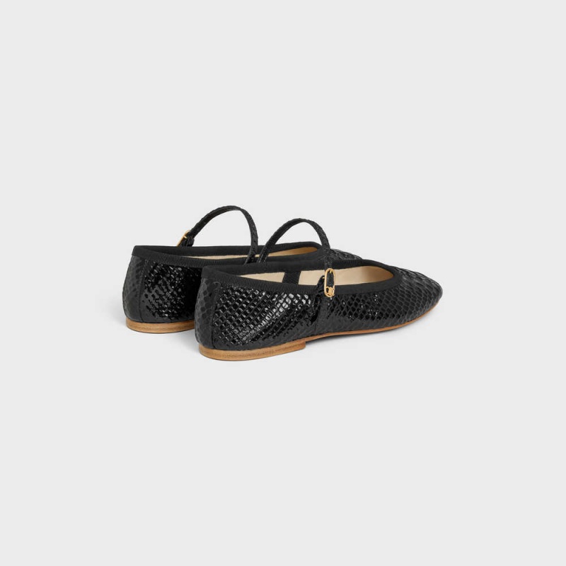 Celine Mary Jane Ballerina Les Ballerines In Python Stamped Calfskin Halbschuhe Schwarz | CL-592535