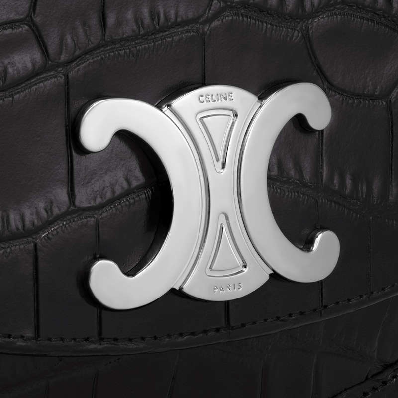 Celine Medium Besace Triomphe In Crocodile Embossed Calfskin Schultertaschen Schwarz | CL-591847