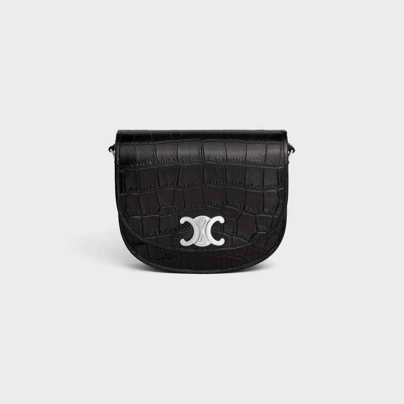 Celine Medium Besace Triomphe In Crocodile Embossed Calfskin Schultertaschen Schwarz | CL-591847